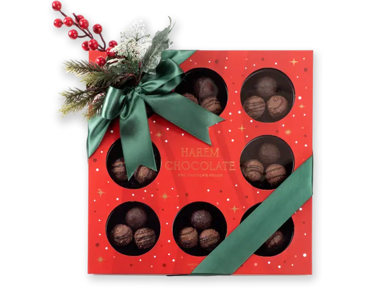 Delicious assorted Turkish chocolates in a festive red gift box with a green satin ribbon and holiday decoration, perfect for Christmas or special occasions.