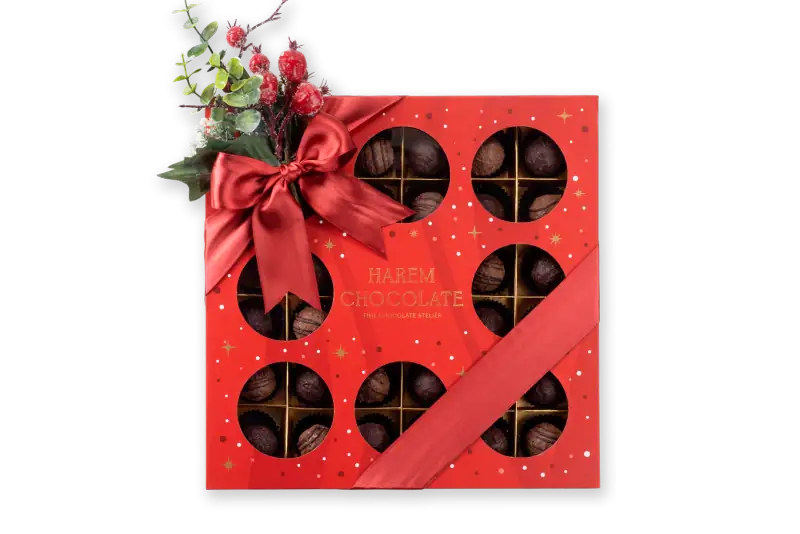 Delicious assorted chocolates in a festive red gift box with a satin ribbon and holiday decorations, perfect for seasonal gifting from Turkey.