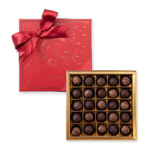 Luxurious box of assorted chocolate truffles with gold accents and elegant packaging, perfect for gifting during special occasions or holidays.
