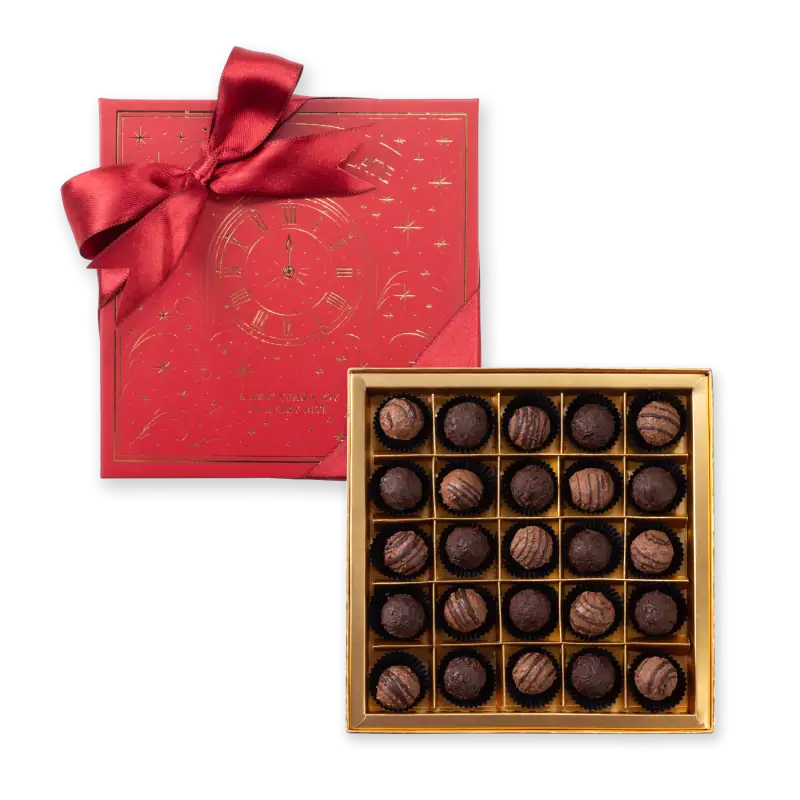 Luxurious box of assorted chocolate truffles with gold accents and elegant packaging, perfect for gifting during special occasions or holidays.