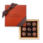 Assorted luxury Turkish chocolates in a gold box with a brown ribbon, perfect gift from Turkey.