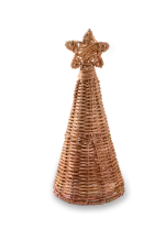 Wicker angel figurine with star-shaped head and wings, handcrafted from natural rattan for home decor and holiday ornament accents.