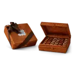 1. Wicker gift box with chocolates inside, wrapped with a brown ribbon and bow, perfect for Turkish treats and gifts.