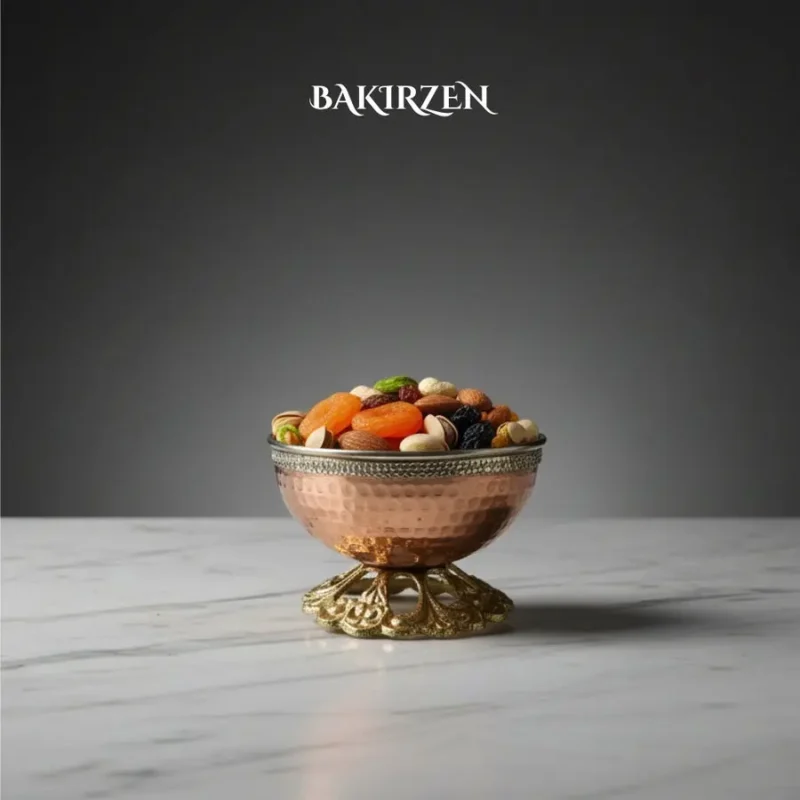 Copper Hammered Snack Bowl with Brass Stand - from Gaziantep