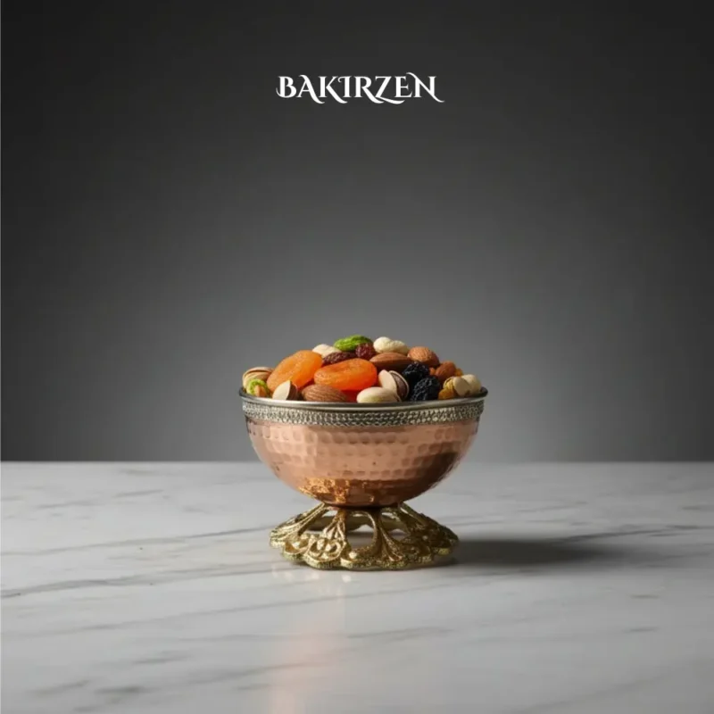 Copper Hammered Snack Bowl with Brass Stand - from Gaziantep