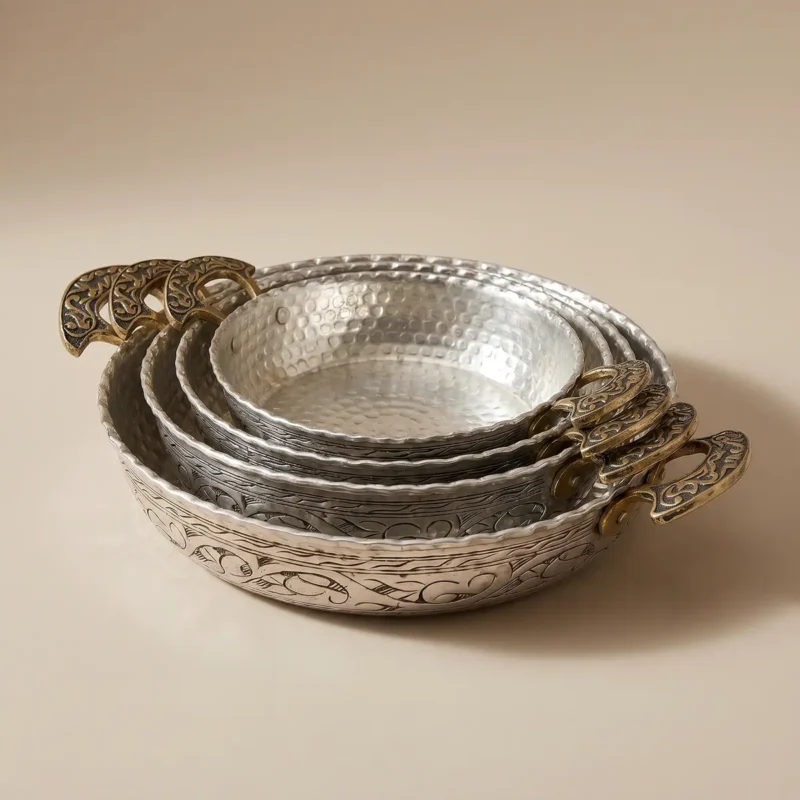 Embroidered Silver Color Copper Pan - from Gaziantep
