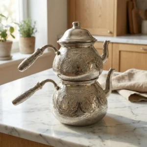 Engraved Silver-Colored Copper Teapot (Large Size) - from Gaziantep
