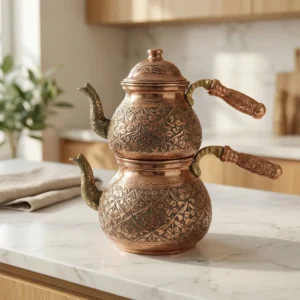 Fully Engraved Open Handle Copper Teapot (Medium) - from Gaziantep