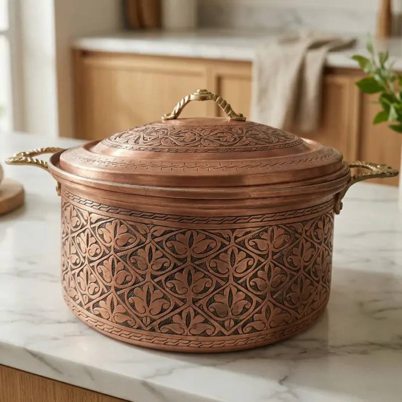 Heavily Crafted Red Flat Base Pot (5L) - from Gaziantep