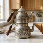 Heavily Engraved, Angular Silver-Colored Copper Teapot - from Gaziantep
