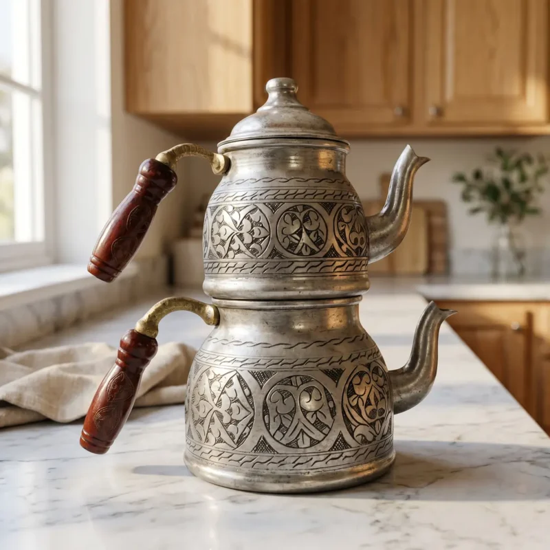 Heavily Engraved, Angular Silver-Colored Copper Teapot - from Gaziantep Heavily Engraved, Angular Silver-Colored Copper Teapot - from Gaziantep