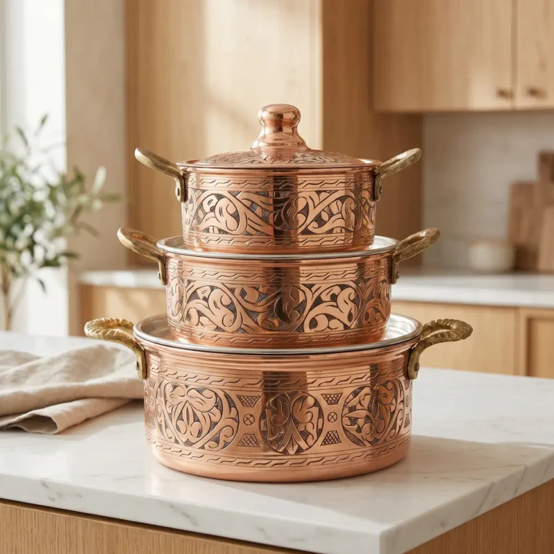 Polished Embroidered Copper Cookware Set (3 Sizes) - from Gaziantep