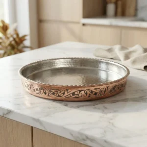 Red Embroidered Copper Baking Tray (35cm) - from Gaziantep