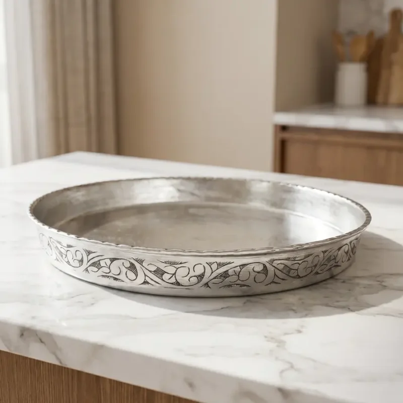 Silver Embroidered Copper Oven Tray (35cm) - from Gaziantep