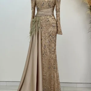 Belvette Hijab Evening Dress - Beaded Feather Trim 2026