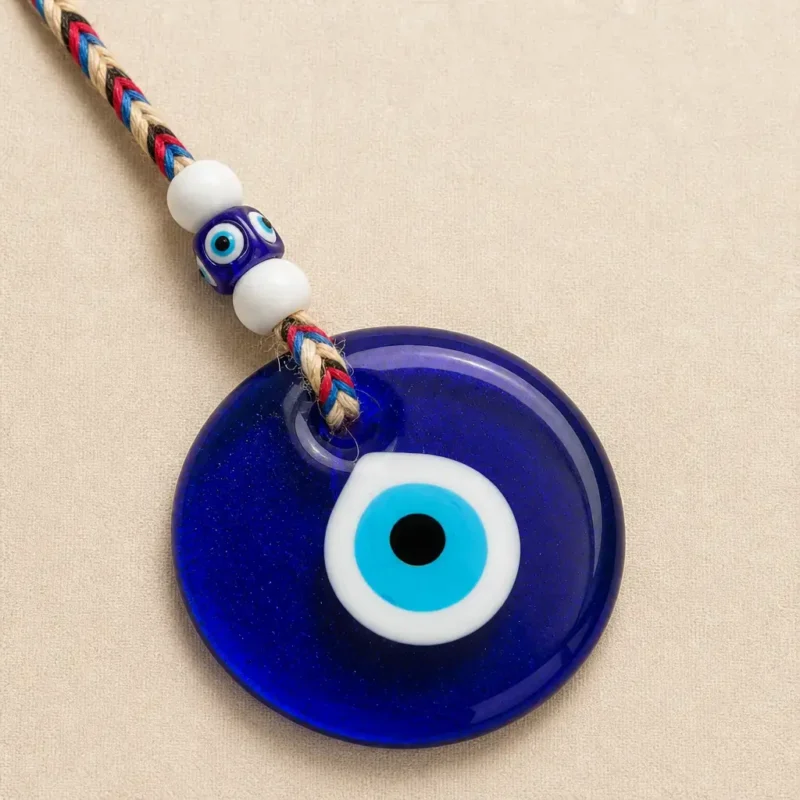 Turkish evil eye nazar with braided cord and glass beads on dark background