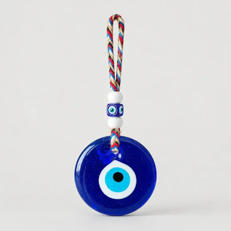 Turkish evil eye nazar blue glass disc on colorful braided cord