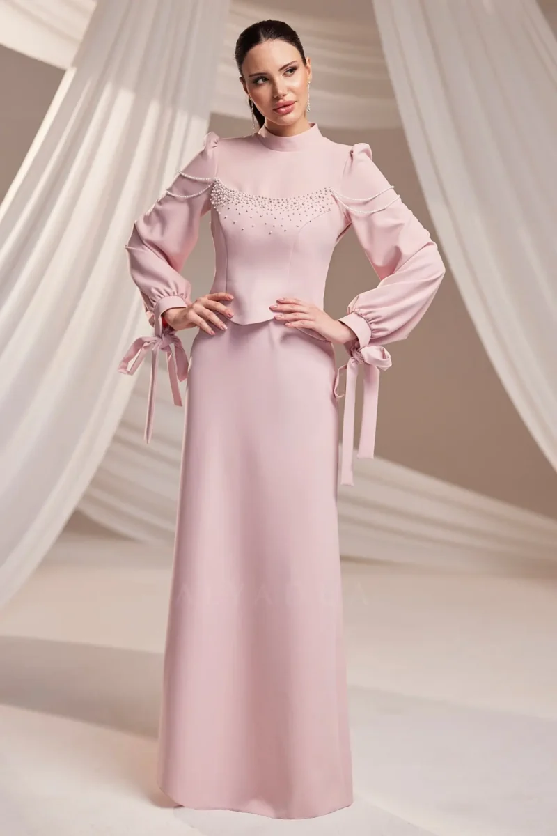 Corienne Islamic Evening Gown - Pearl-embellished Lace-up Sleeves 2026