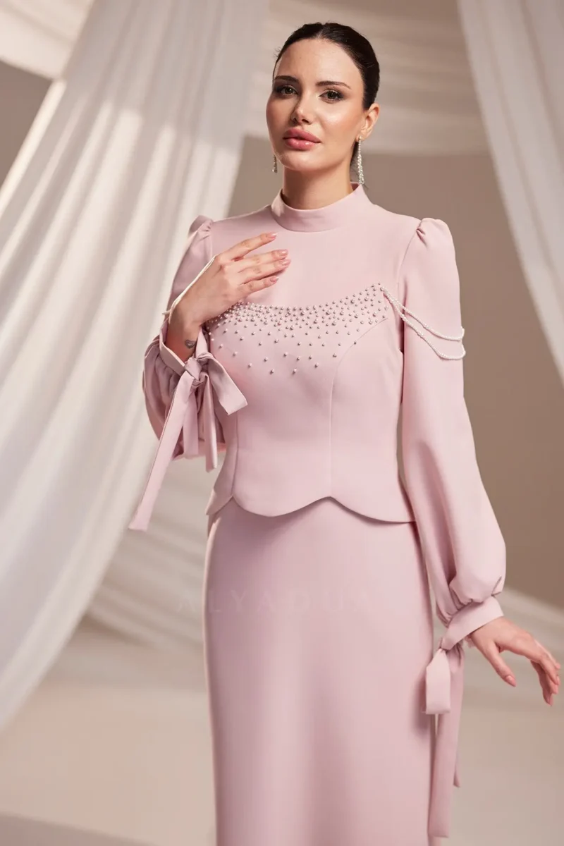 Corienne Islamic Evening Gown - Pearl-embellished Lace-up Sleeves 2026