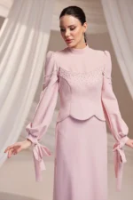 Corienne Islamic Evening Gown - Pearl-embellished Lace-up Sleeves 2026