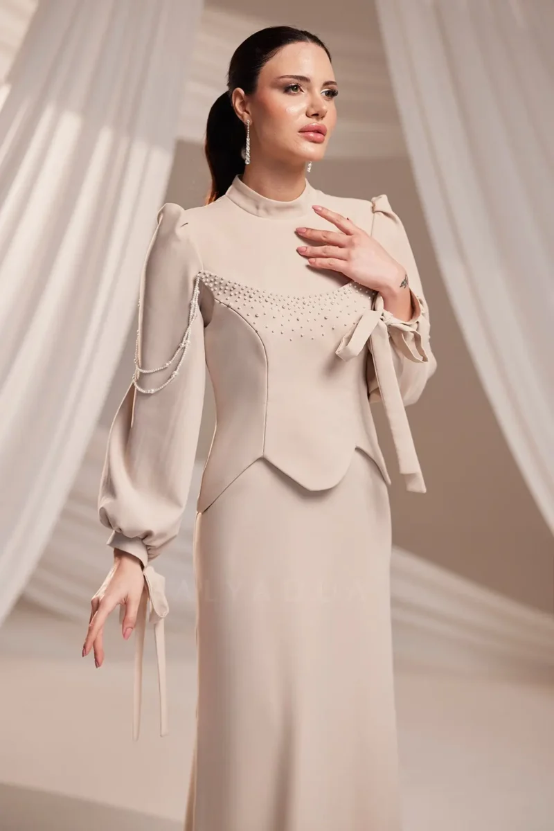 Corienne Islamic Evening Gown - Pearl-embellished Lace-up Sleeves 2026