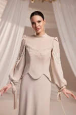 Corienne Islamic Evening Gown - Pearl-embellished Lace-up Sleeves 2026
