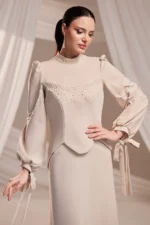 Corienne Islamic Evening Gown - Pearl-embellished Lace-up Sleeves 2026
