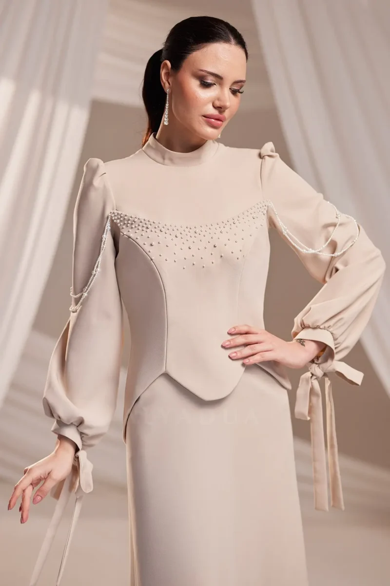 Corienne Islamic Evening Gown - Pearl-embellished Lace-up Sleeves 2026