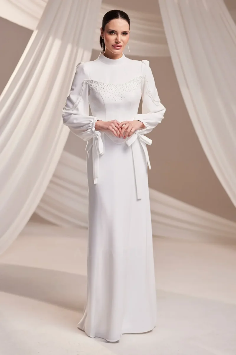 Corienne Islamic Evening Gown - Pearl-embellished Lace-up Sleeves 2026