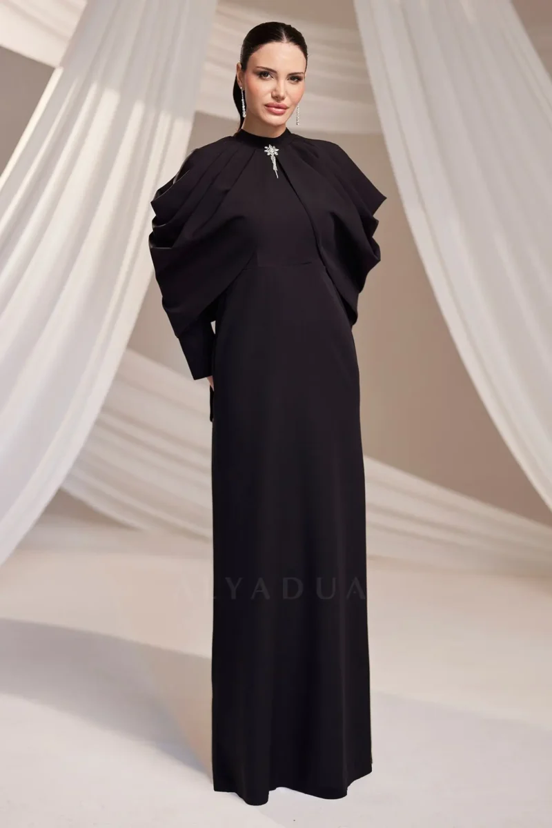 Dravelle Hijab Evening Dress - Draped Shoulder Brooch Detail 2026