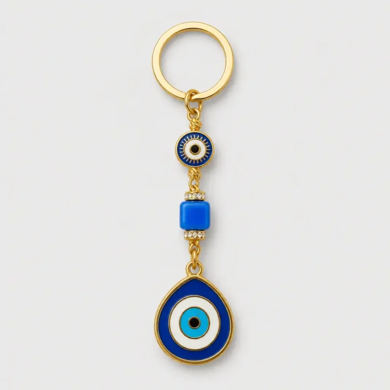 Turkish evil eye keychain with blue nazar pendants and gold-tone chain