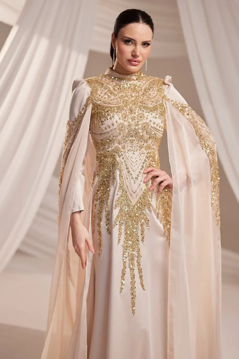Felvourne Modest Evening Gown - Cape Overlay Embroidered Gown 2026