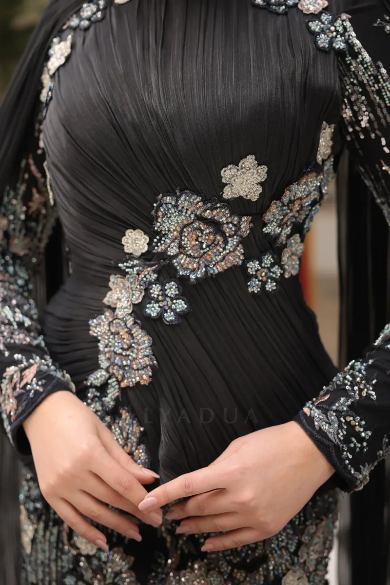 Florenne Modest Formal Dress - Draped Waist Floral Embroidery 2026
