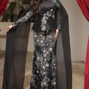 Florenne Modest Formal Dress - Draped Waist Floral Embroidery 2026