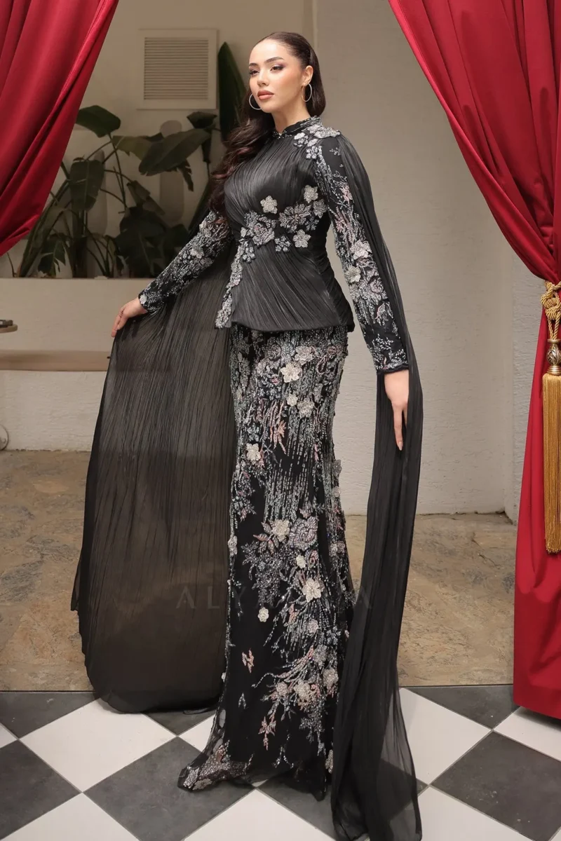 Florenne Modest Formal Dress - Draped Waist Floral Embroidery 2026