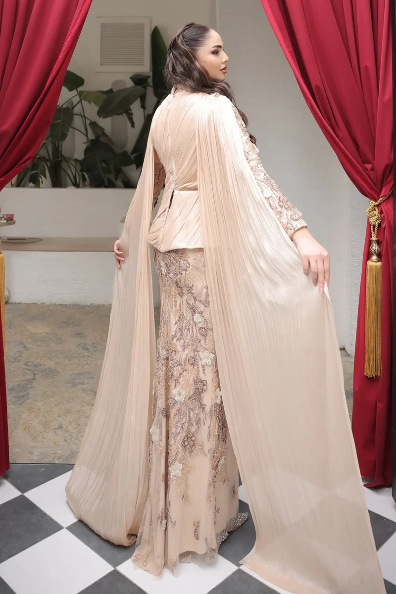 Florenne Modest Formal Dress - Draped Waist Floral Embroidery 2026