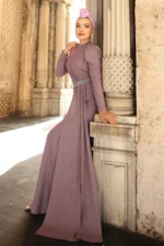 Glimmette hijab evening dress in dusty mauve with shimmer fabric and stone-embellished waist belt