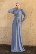 Glimmette hijab evening dress in steel blue with glitter fabric, ruched waist, and stone-embellished belt