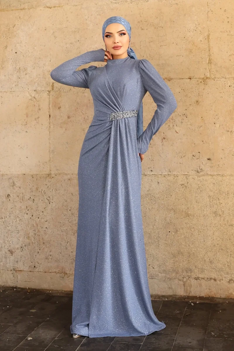 Glimmette hijab evening dress in steel blue with glitter fabric, ruched waist, and stone-embellished belt