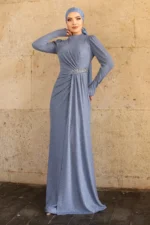 Glimmette hijab evening dress in steel blue with glitter fabric and stone-embellished waist belt