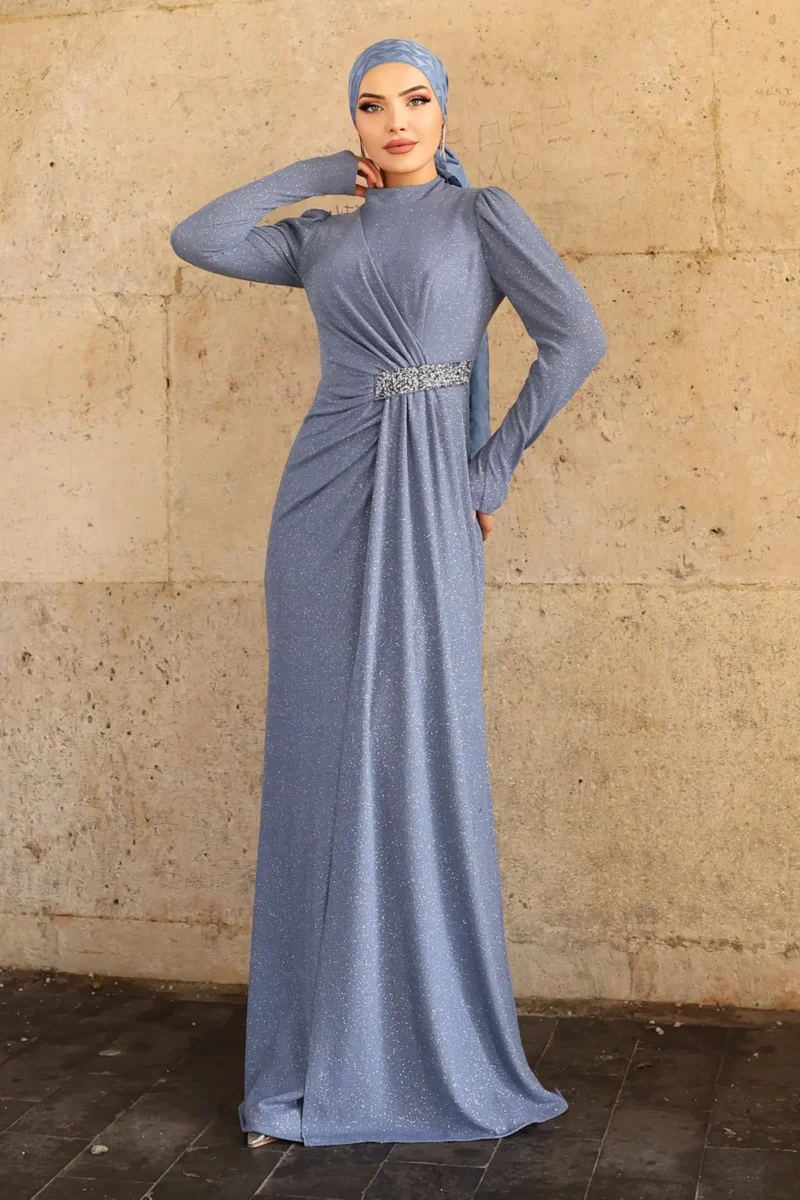 Glimmette hijab evening dress in steel blue with glitter fabric and stone-embellished waist belt