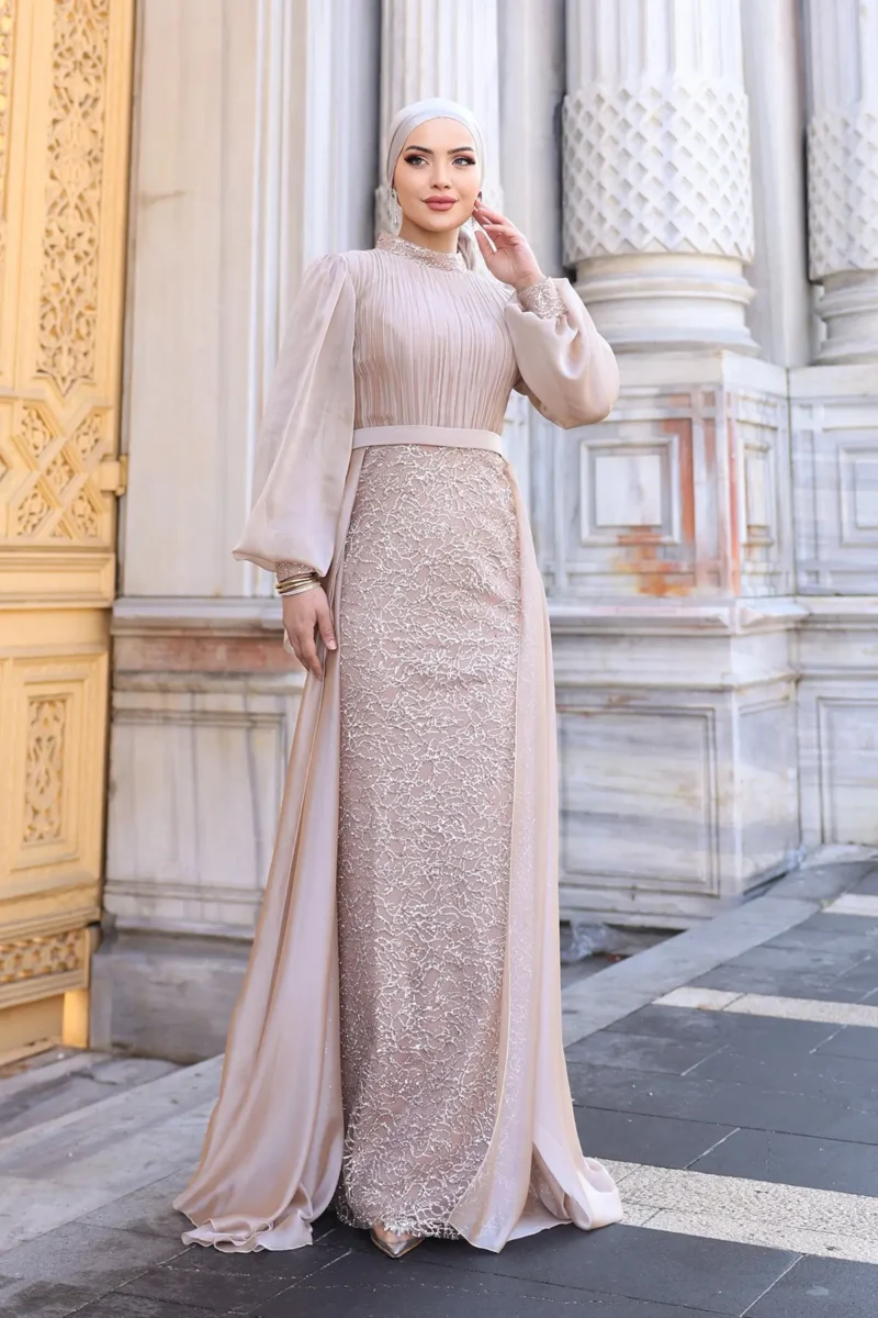 Lavelle Modest Evening Gown - Tulle-trimmed Balloon Sleeves 2026