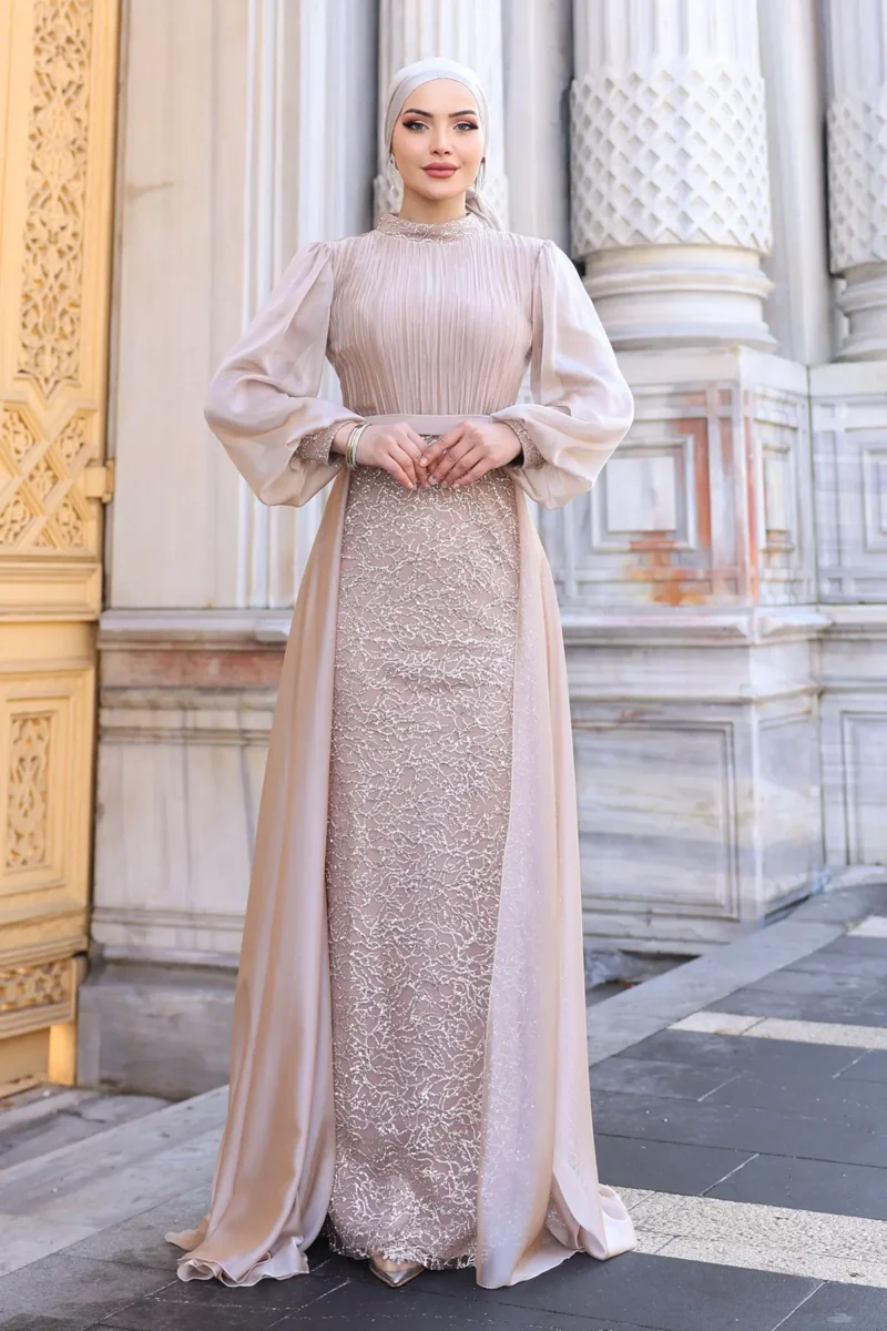 Lavelle Modest Evening Gown - Tulle-trimmed Balloon Sleeves 2026
