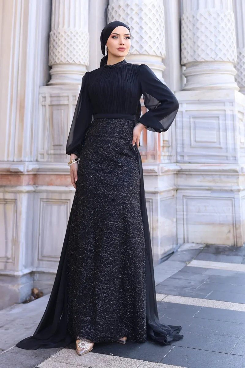 Lavelle Modest Evening Gown - Tulle-trimmed Balloon Sleeves 2026