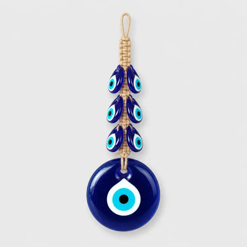 Turkish evil eye wall hanging large blue nazar with macrame cord