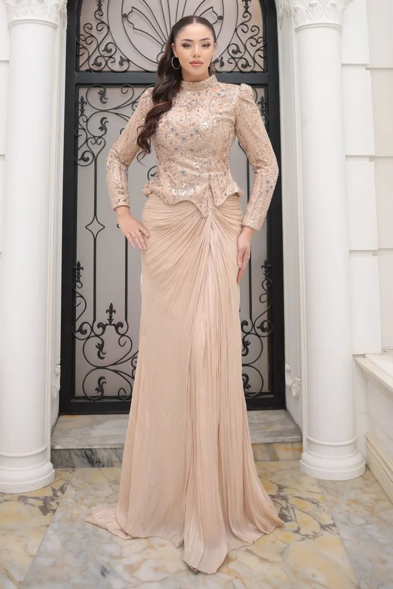 Selina Modest Evening Gown - Stone Embellished Draped 2026