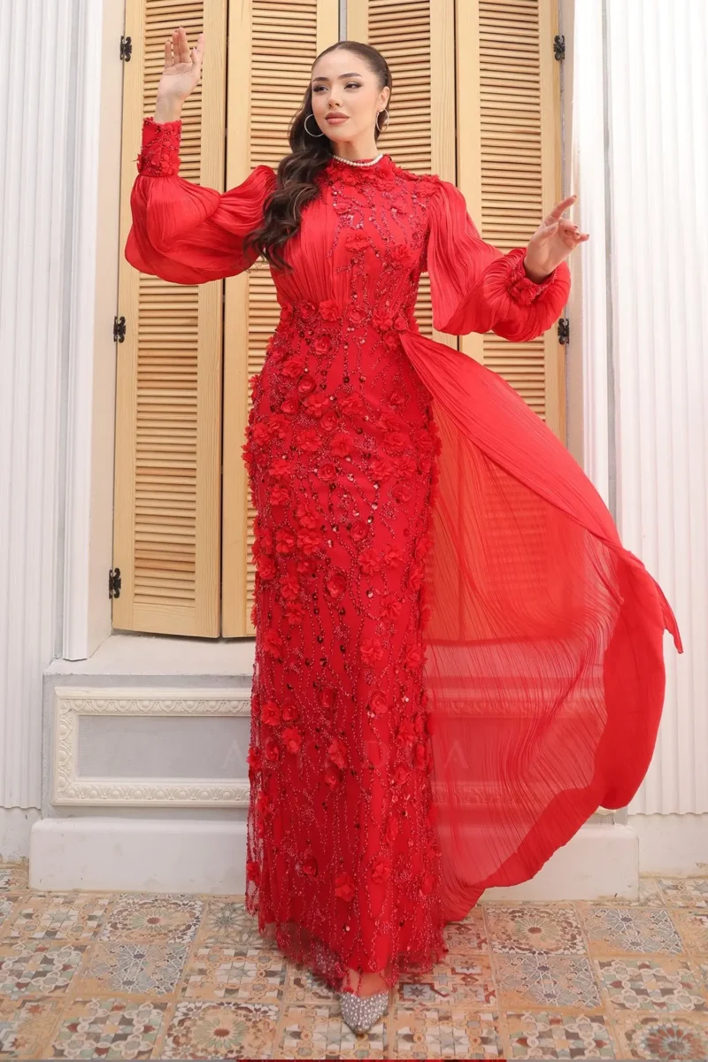 Selvaine Modest Evening Gown - Floral Appliqu Pleated Sleeves 2026