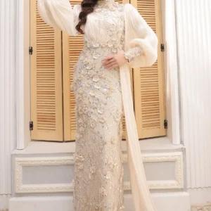 Selvaine Modest Evening Gown - Floral Appliqu Pleated Sleeves 2026