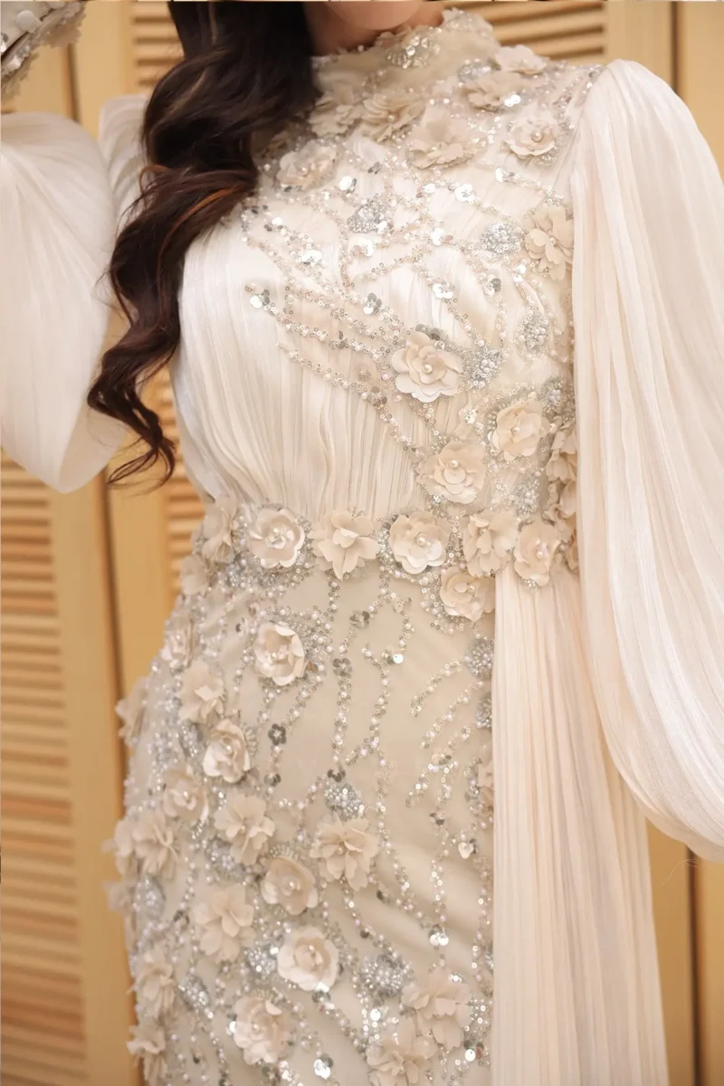 Selvaine Modest Evening Gown - Floral Appliqu Pleated Sleeves 2026
