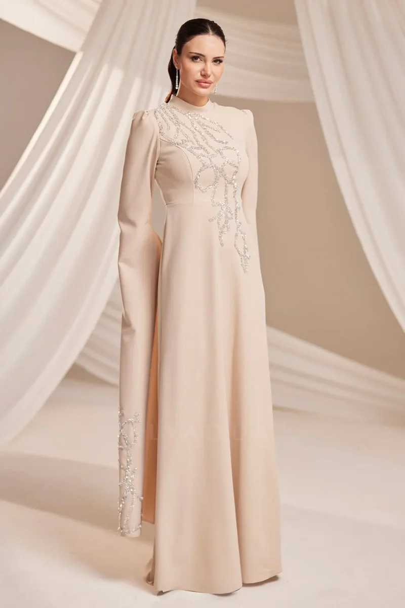 Zolveine Modest Evening Gown - Stone-embellished Slit Sleeves 2026